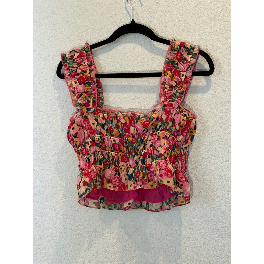 ASTR The Label‎ Womens Floral Smocked Crop Top Red Multi Small ACT17543 - Picture 2 of 4
